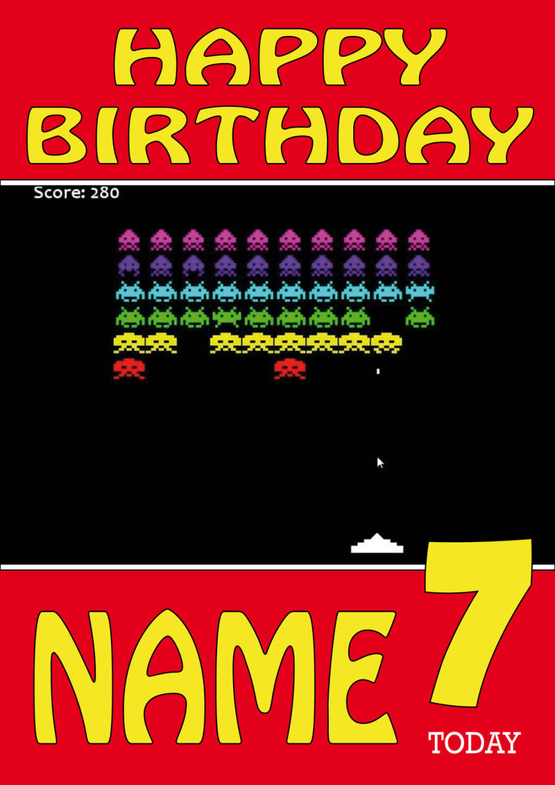 Retro Gaming Space Invaders THEME INSPIRED Kids Adult Personalised Birthday Card