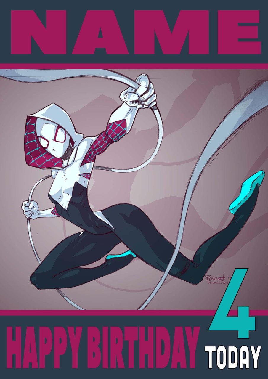 Spider Gwen THEME INSPIRED Style PERSONALISED Kids Adult FUNNY Birthday Card – Spider Gwen Theme Personalised Kids Adult Funny Birthday Card