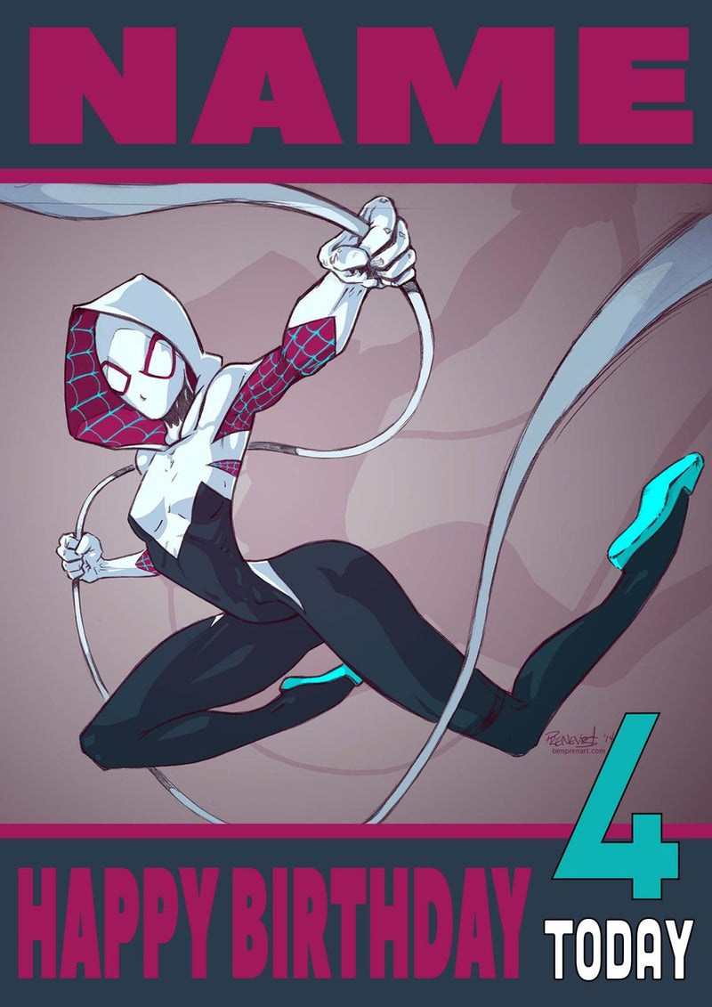 Spider Gwen THEME INSPIRED Style PERSONALISED Kids Adult FUNNY Birthday Card