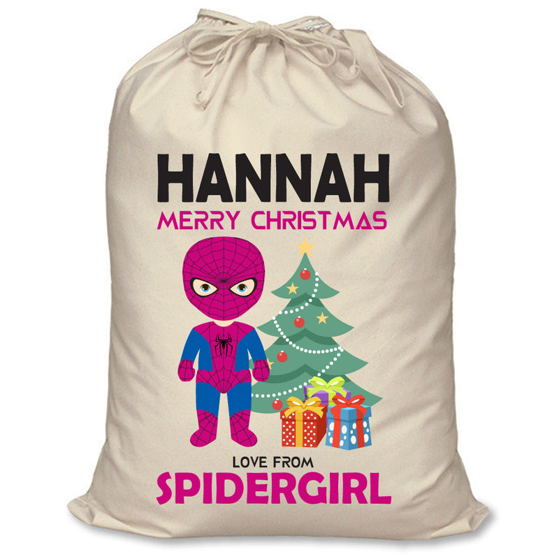 PERSONALISED Cartoon Inspired Super Hero Spidy Girl HANNAH - XL Children's Christmas Santa Sack CUSTOMISE Present