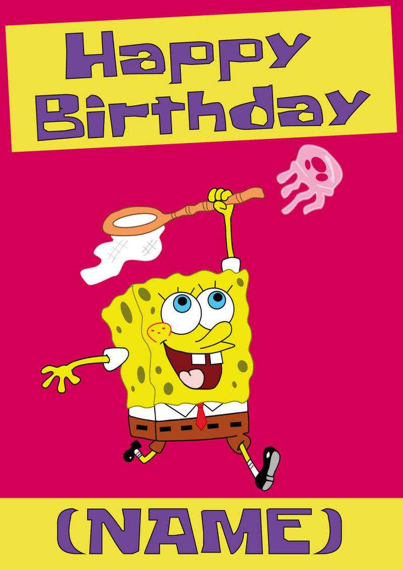 THEME INSPIRED Kids Adult Personalised Birthday Card Spongebob Jelly Fish Birthday Card