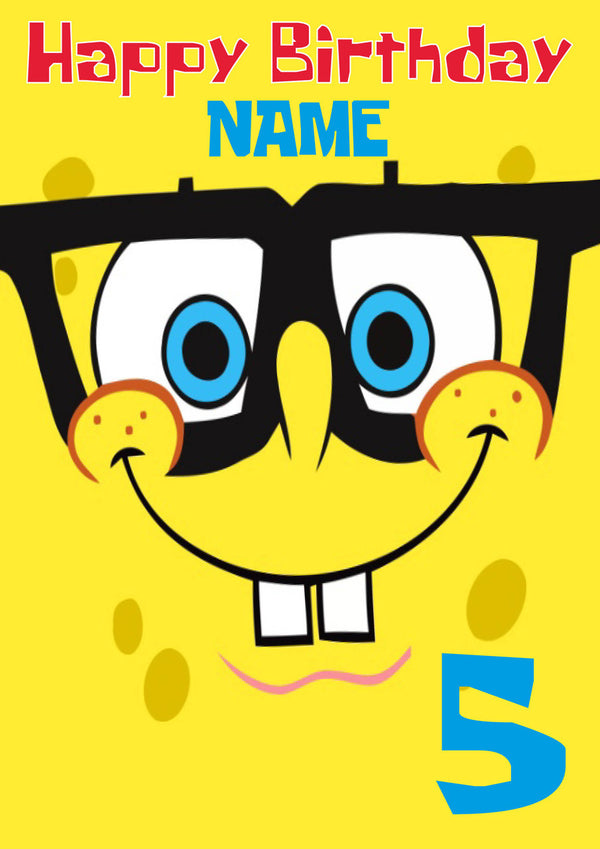 Theme Inspired Kids Adult Personalised Birthday Card Spongebob Face Birthday