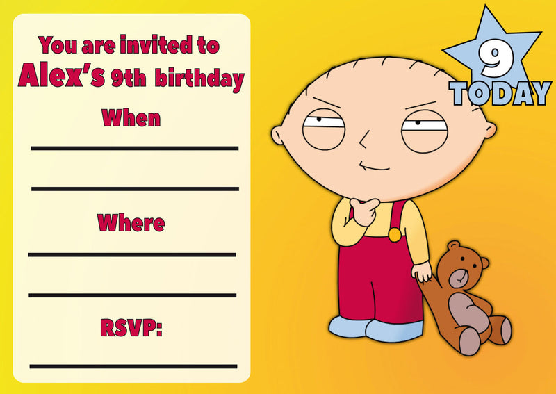 10 X Personalised Printed Boys Stewie Griffin 2 INSPIRED STYLE Invites