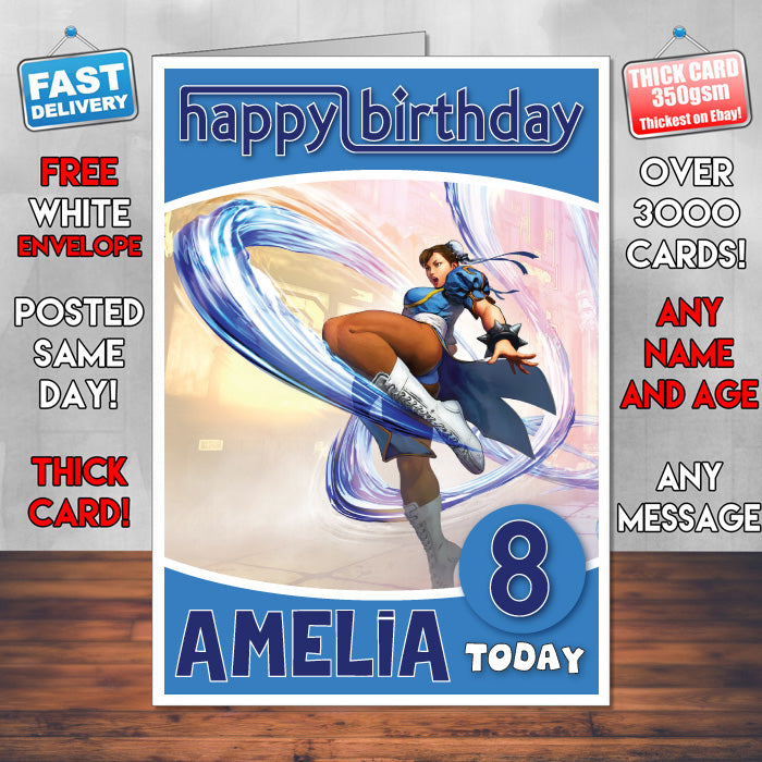 Personalised Street Fighter Chun Li 1 Inspired Style Game Kids Inspired Birthday Card (SA)