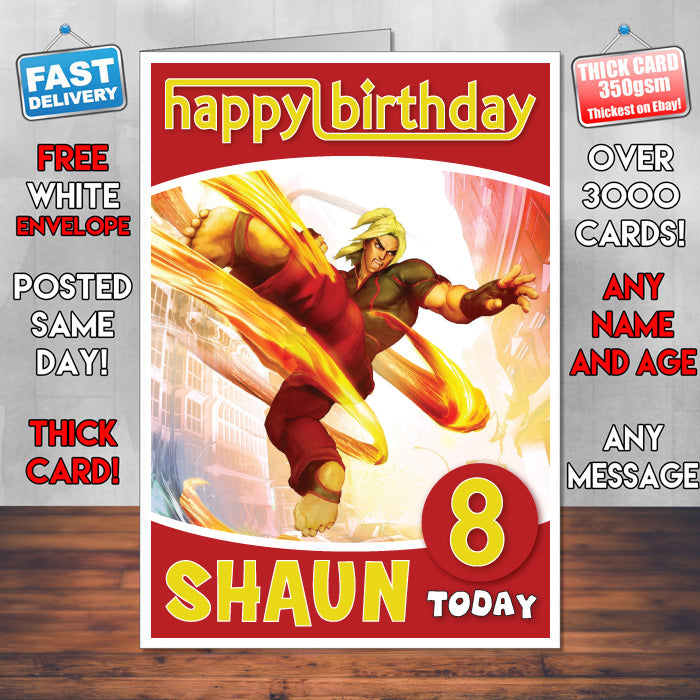 Personalised Street Fighter Ken Inspired Style Game Kids Inspired Birthday Card (SA)