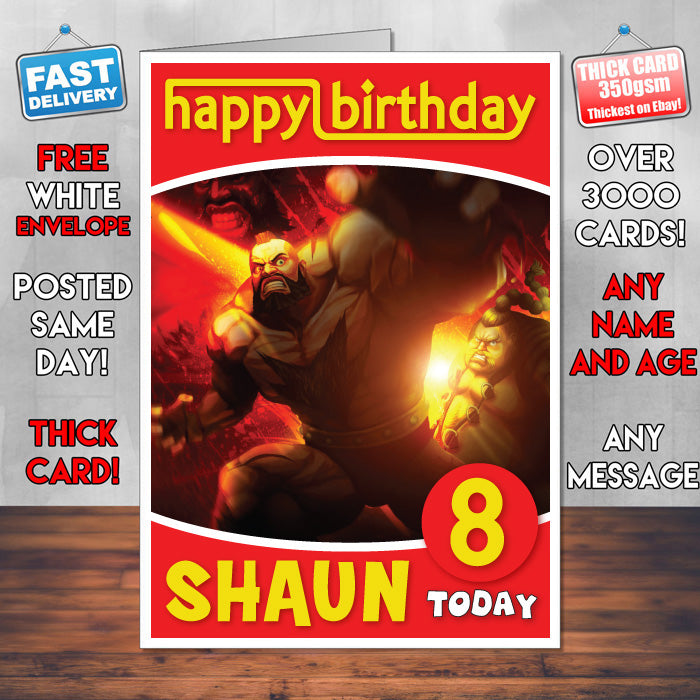 Personalised Street Fighter Zangief Rufus Inspired Style Game Kids Inspired Birthday Card (SA)