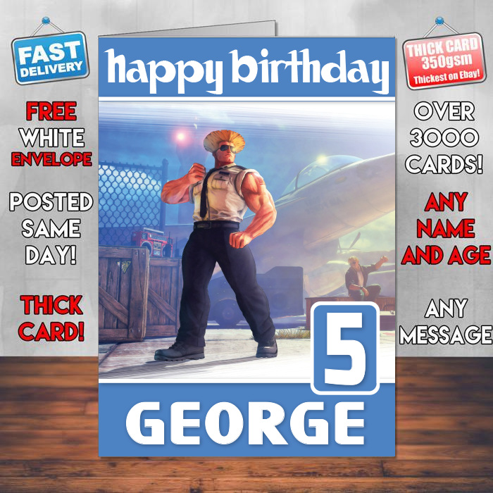 Personalised Street Fighter V Guile Inspired Style Game Kids Inspired Birthday Card (SA)
