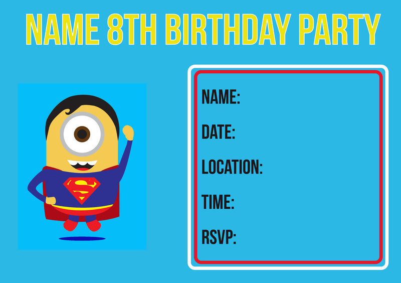 10 X Personalised Printed Boys Super Man Minion INSPIRED STYLE Invites