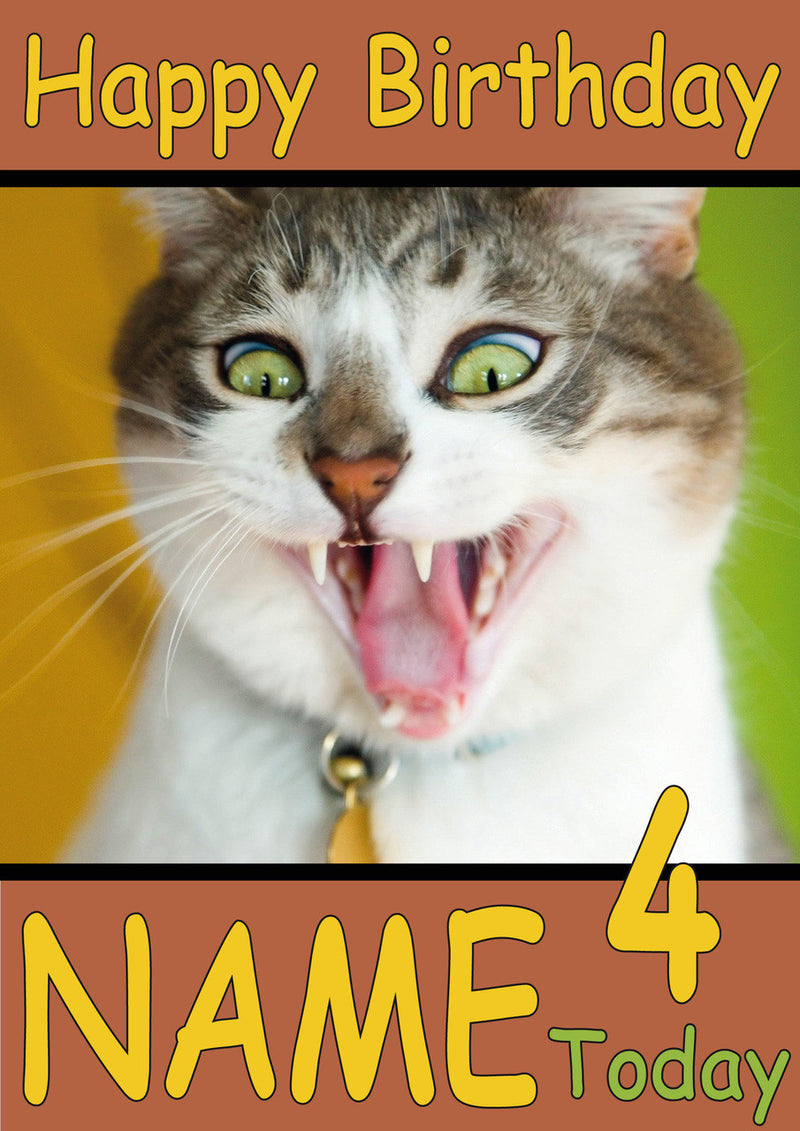 Super Happy Cat Funny Kids Adult Personalised Birthday Card Gift Present