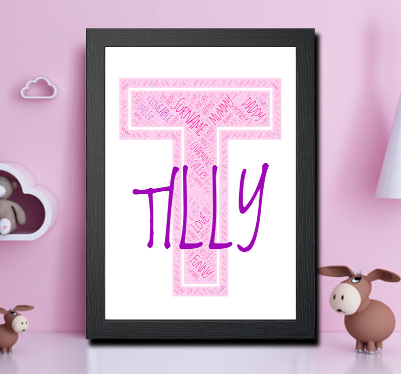 Personalised Name Word Art Poster Print Pink Letter T