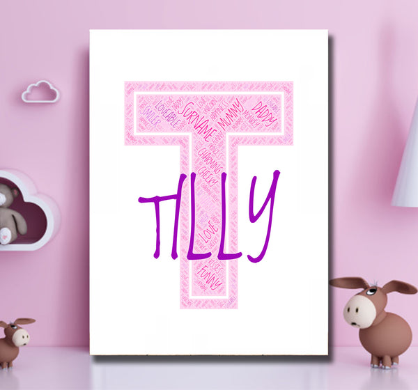 Personalised name word art print, pink letter T, print only