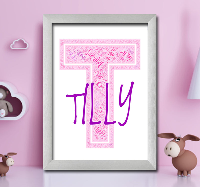 Personalised Name Word Art Poster Print Pink Letter T