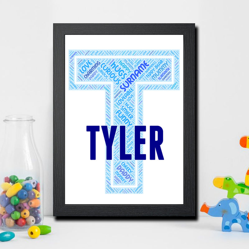 Personalised Name Word Art Poster Print Blue Letter T