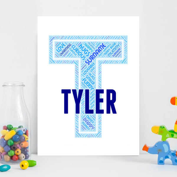 Personalised name word art print, blue letter T, print only