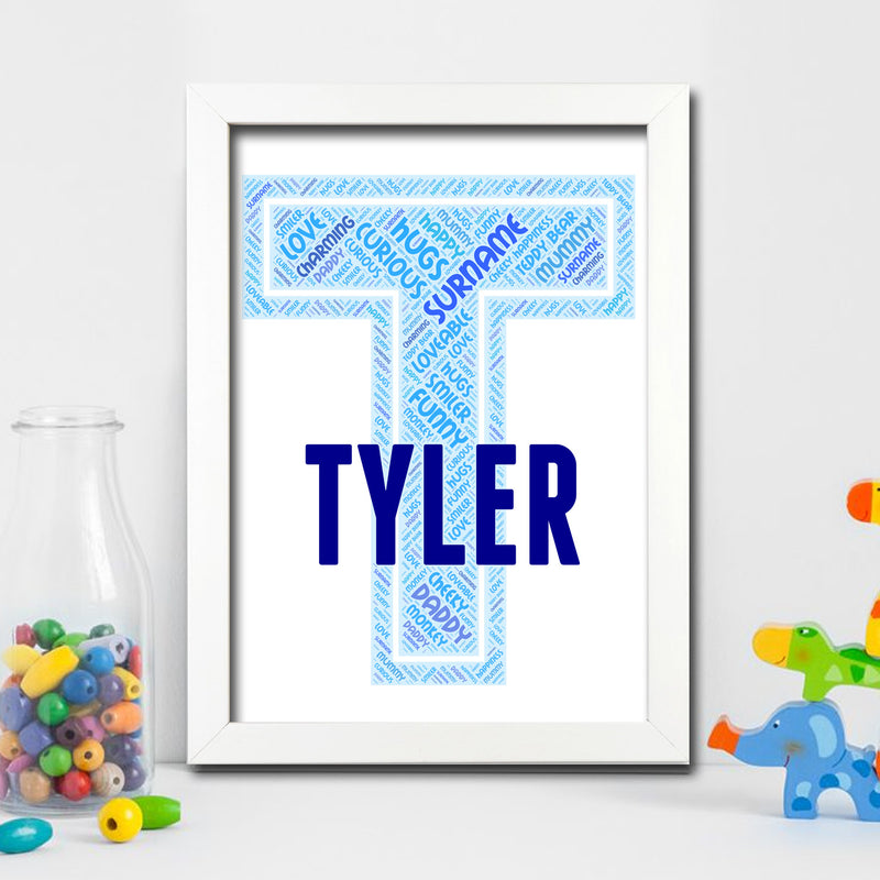 Personalised Name Word Art Poster Print Blue Letter T