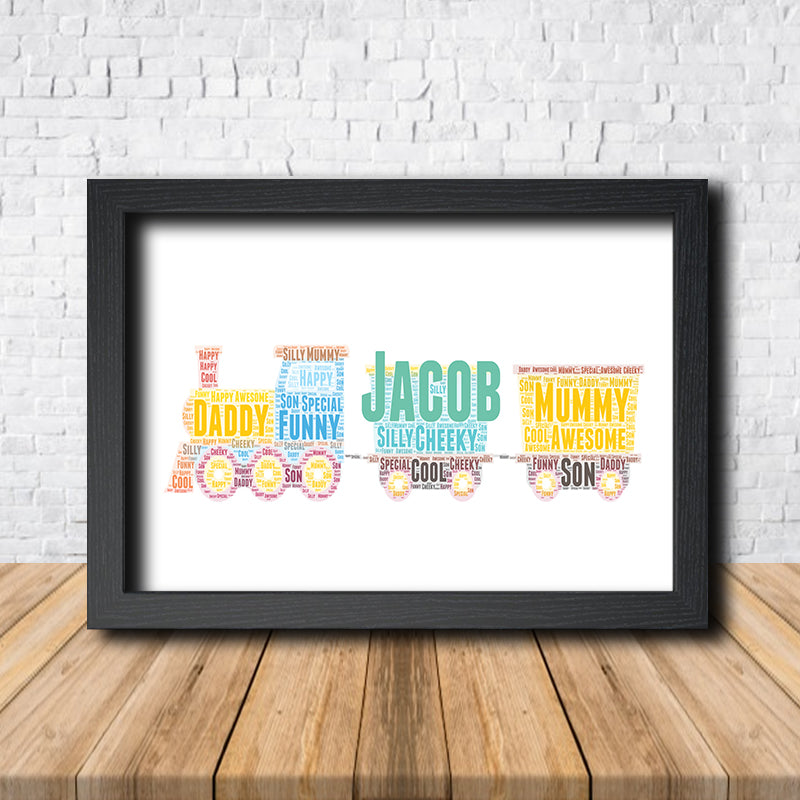 Personalised Train 1 Word Art Poster Print – Personalised train word art print in a black frame