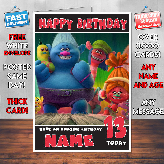 TROLLS 1 SJ THEME INSPIRED Style PERSONALISED Kids Adult FUNNY Birthday Card