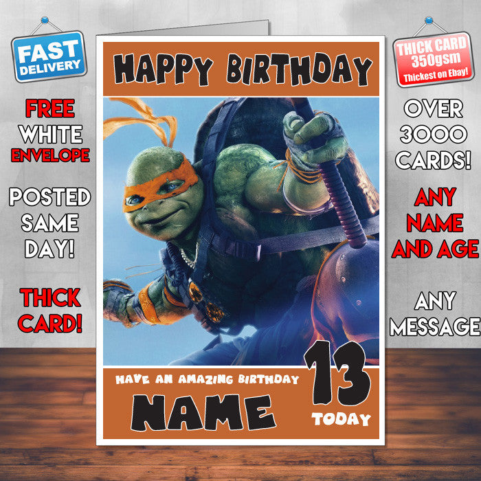 TURTLES MICHELANGELO SJ THEME INSPIRED Style PERSONALISED Kids Adult FUNNY Birthday Card