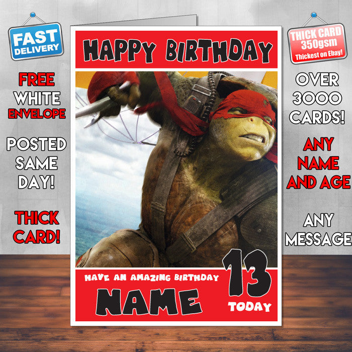 TURTLES RAPHAEL SJ THEME INSPIRED Style PERSONALISED Kids Adult FUNNY Birthday Card