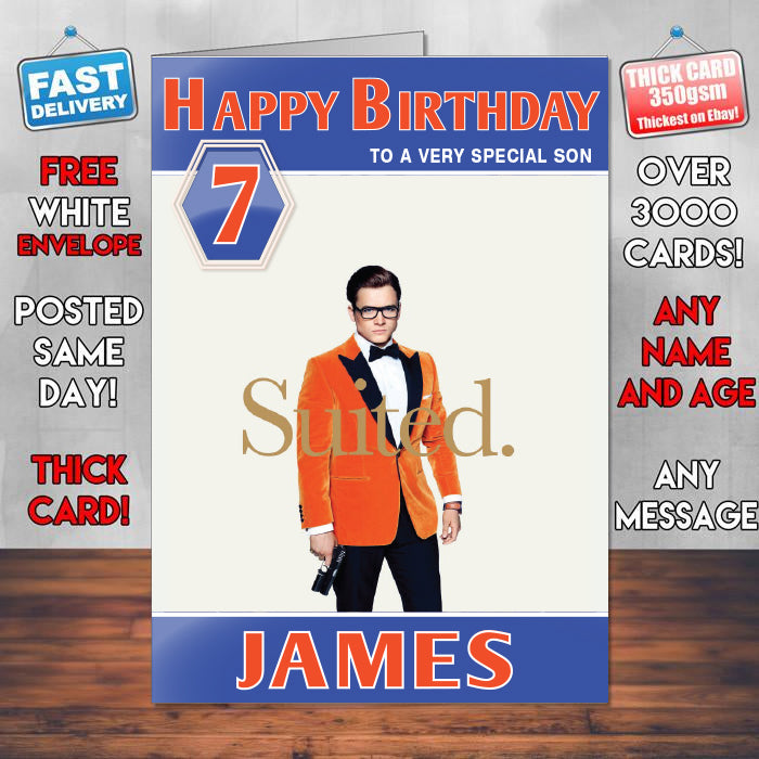 Taron Egerton Kingsman The Golden Circle Theme Style Personalised Kids Inspired Movie Birthday Card (SA)