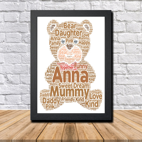 Personalised teddy bear word art print in a black frame