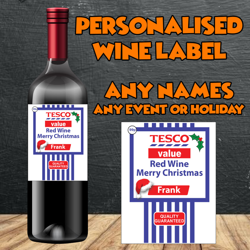 PERSONALISED Tesco Red Wine Bottle Label - custom name bottle lables