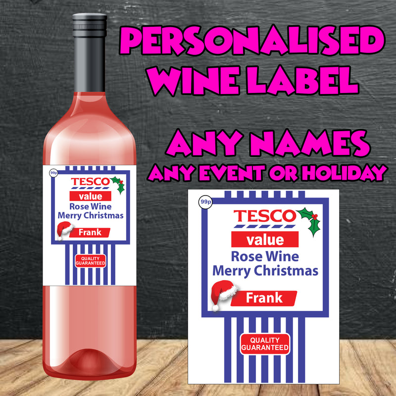 PERSONALISED Tesco Rose Wine Bottle Label - custom name bottle lables