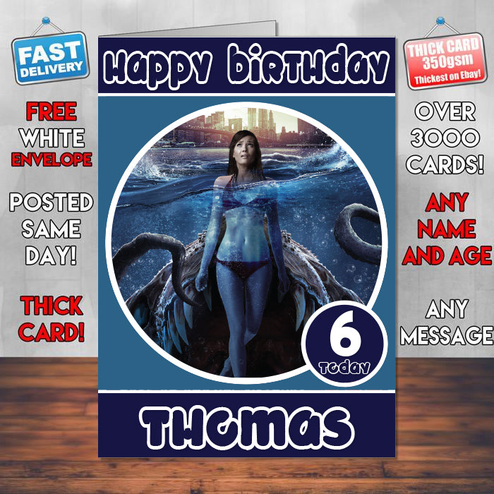 The Creature Below Aq Theme Style Personalised Kids Inspired Movie Birthday Card (SA)