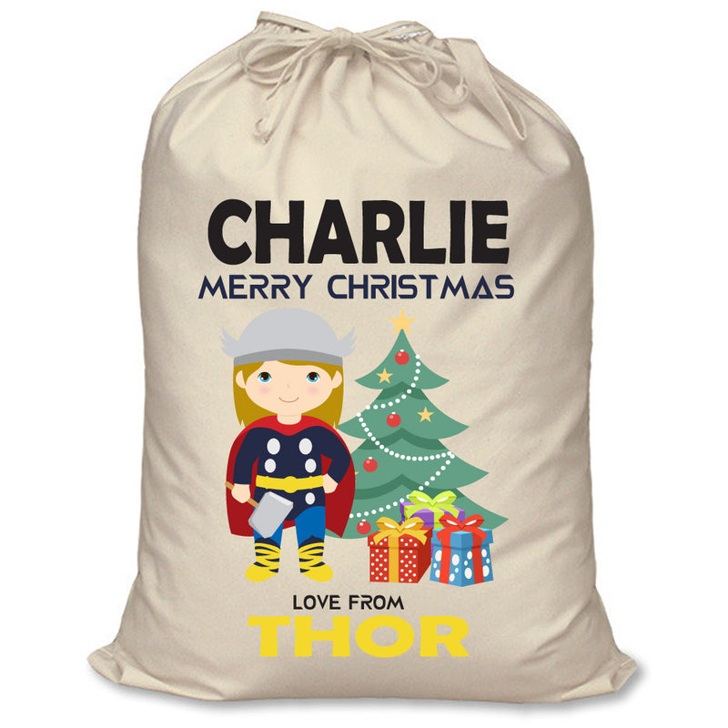 PERSONALISED Cartoon Inspired Super Hero Hammer God CHARLIE - XL Children's Christmas Santa Sack CUSTOMISE Present