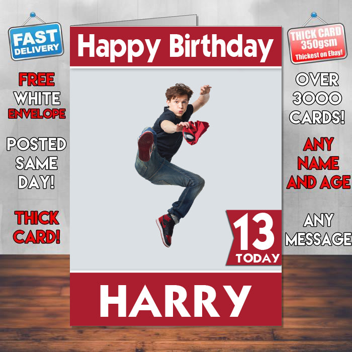 Tom Holland Spiderman Theme Style Personalised Kids Inspired Movie Birthday Card (SA)
