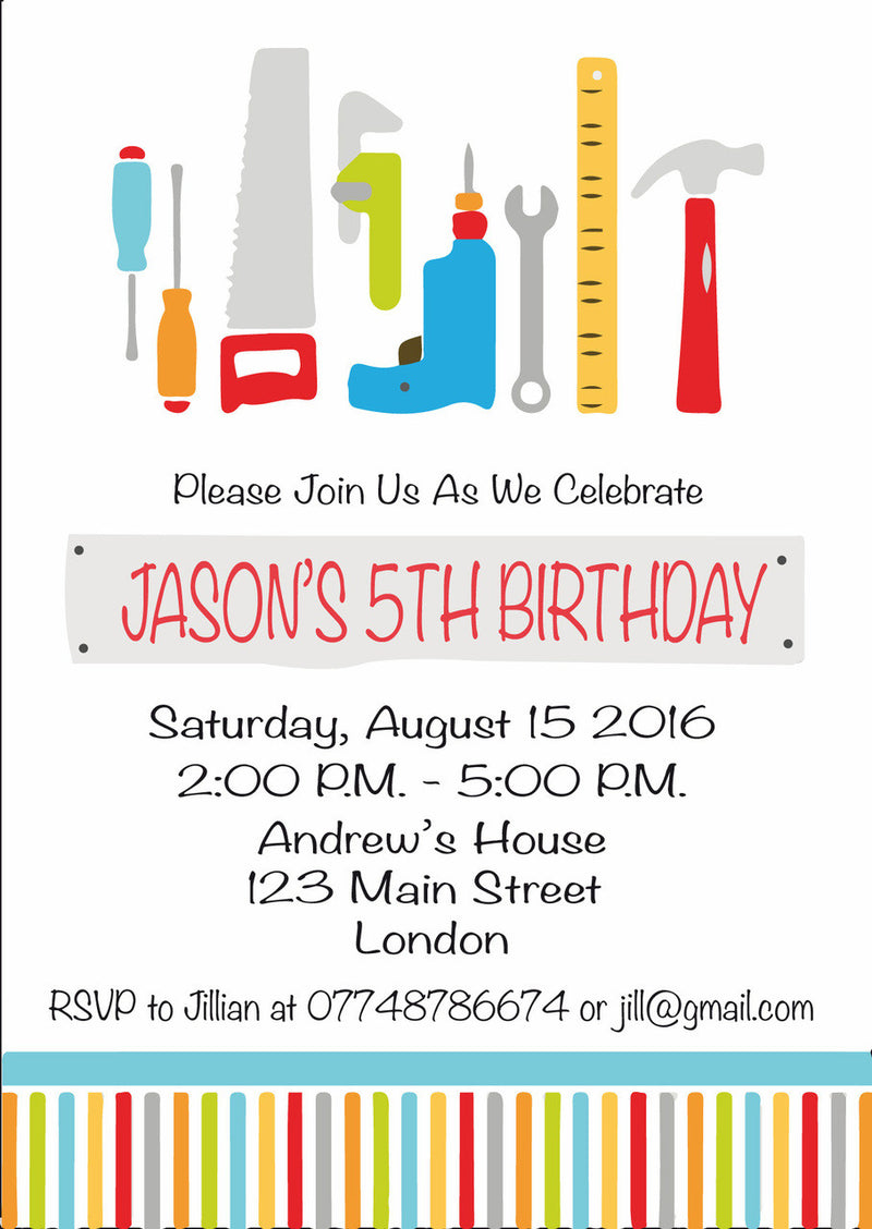 10 X Personalised Printed Tools Birthday INSPIRED STYLE Invites