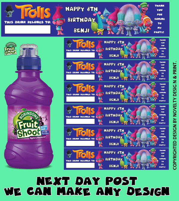 Trolls Boys Blue Inspired Theme Personalised Party Fruit Shoot Label Sticker