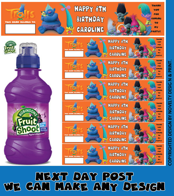 Trolls Label Inspired Theme Personalised Party Fruit Shoot Label Sticker
