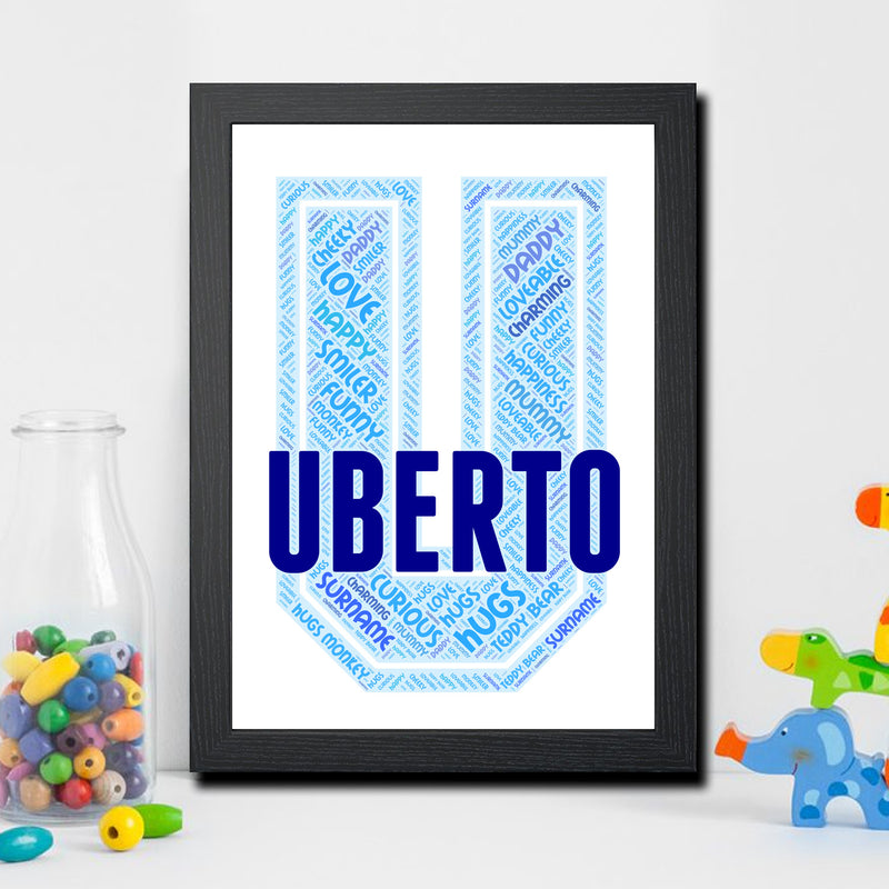 Personalised Name Word Art Poster Print Blue Letter U