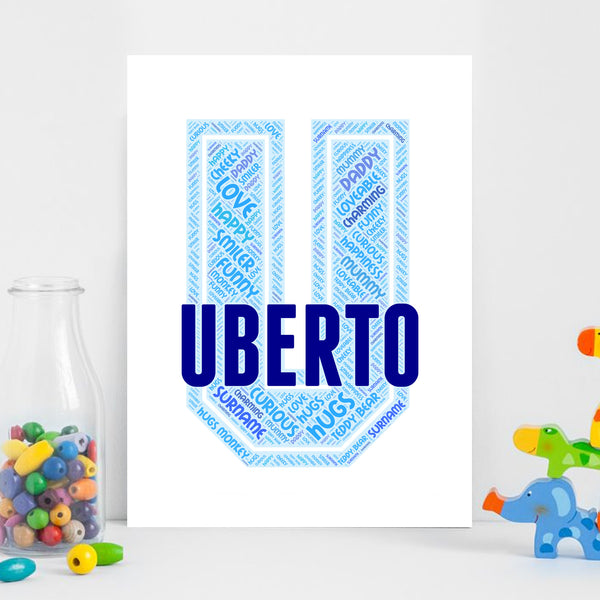 Personalised name word art print, blue letter U, print only