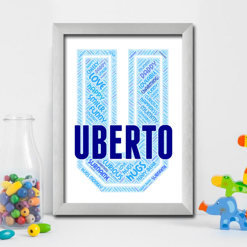 Personalised Name Word Art Poster Print Blue Letter U