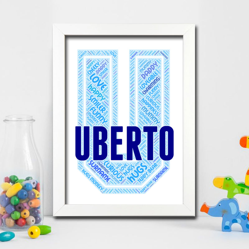 Personalised Name Word Art Poster Print Blue Letter U