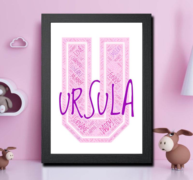 Personalised Name Word Art Poster Print Pink Letter U