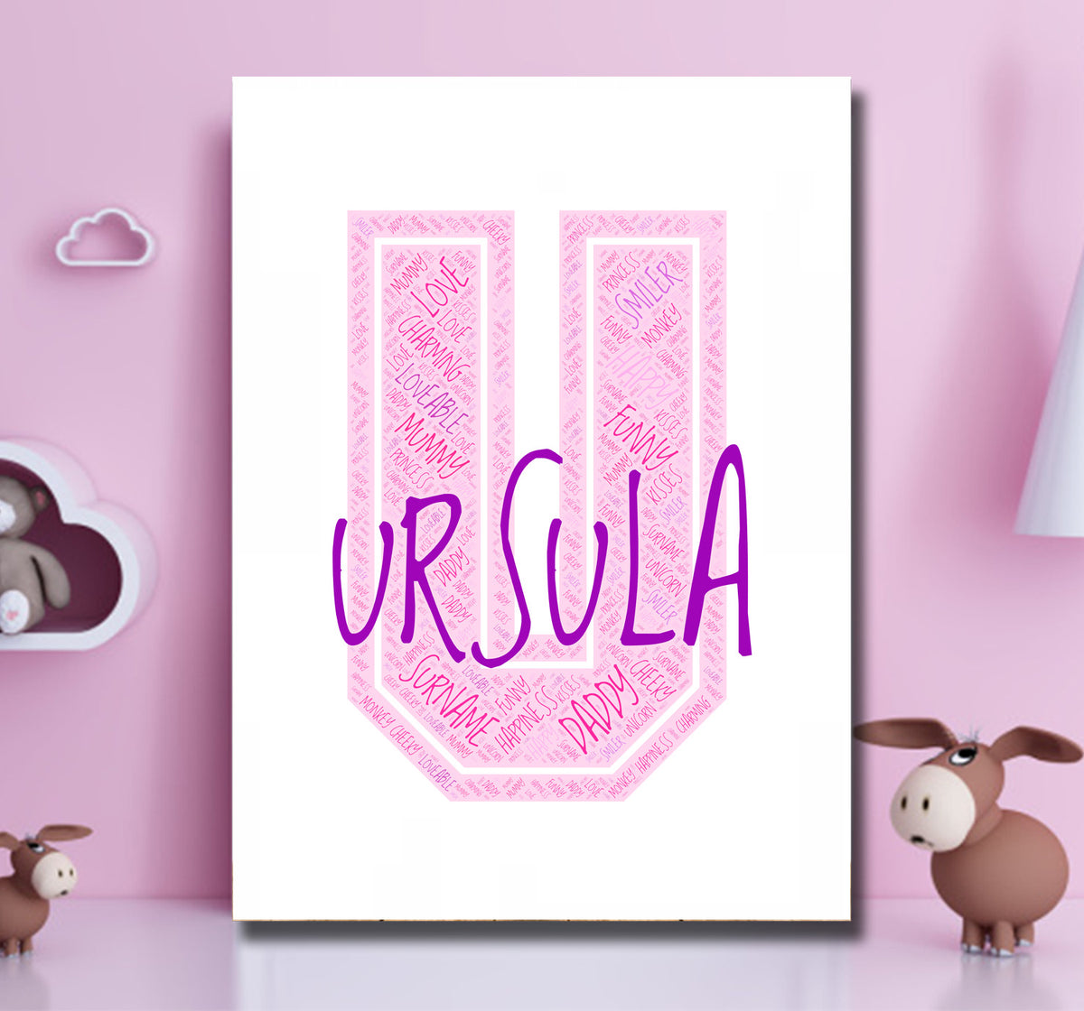 Personalised Name Word Art Poster Print Pink Letter U – Personalised name word art print, pink letter U, print only