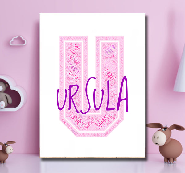 Personalised name word art print, pink letter U, print only