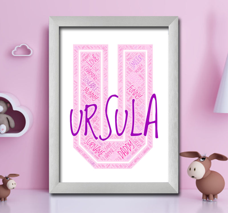 Personalised Name Word Art Poster Print Pink Letter U