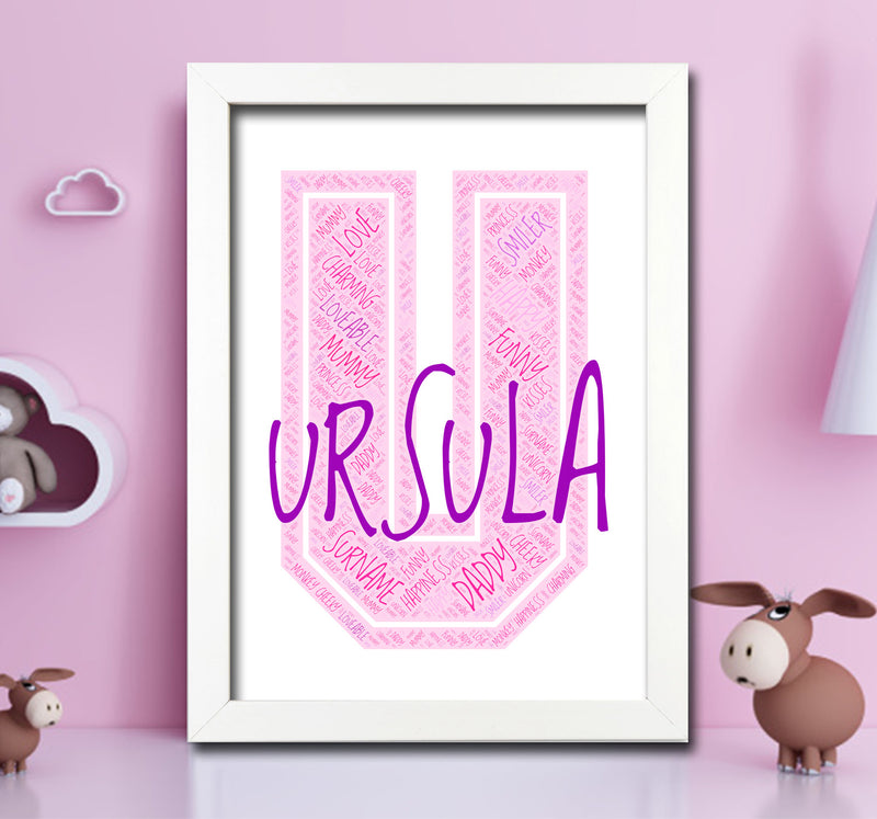 Personalised Name Word Art Poster Print Pink Letter U