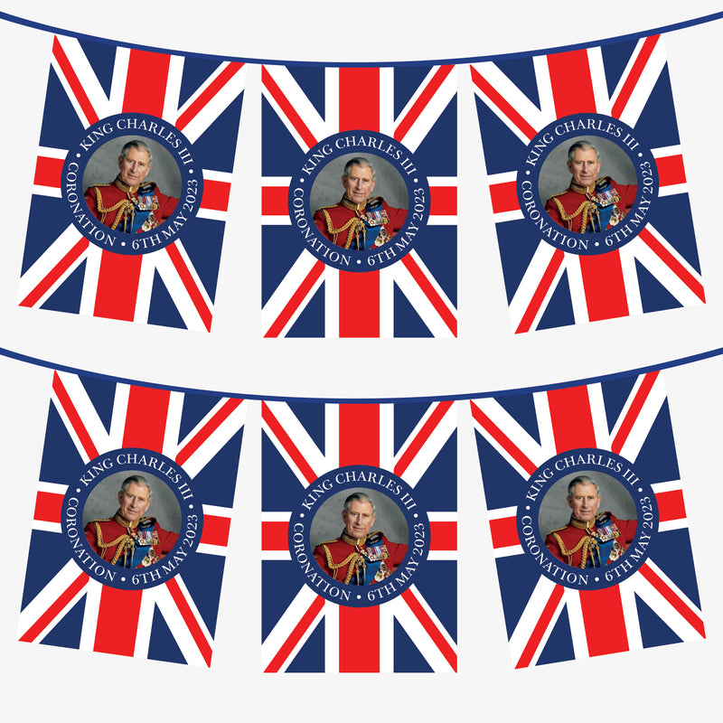 King Charles Coronation Bunting - Union Jack Image Design Pennants - 3 Metres - 6 Metres