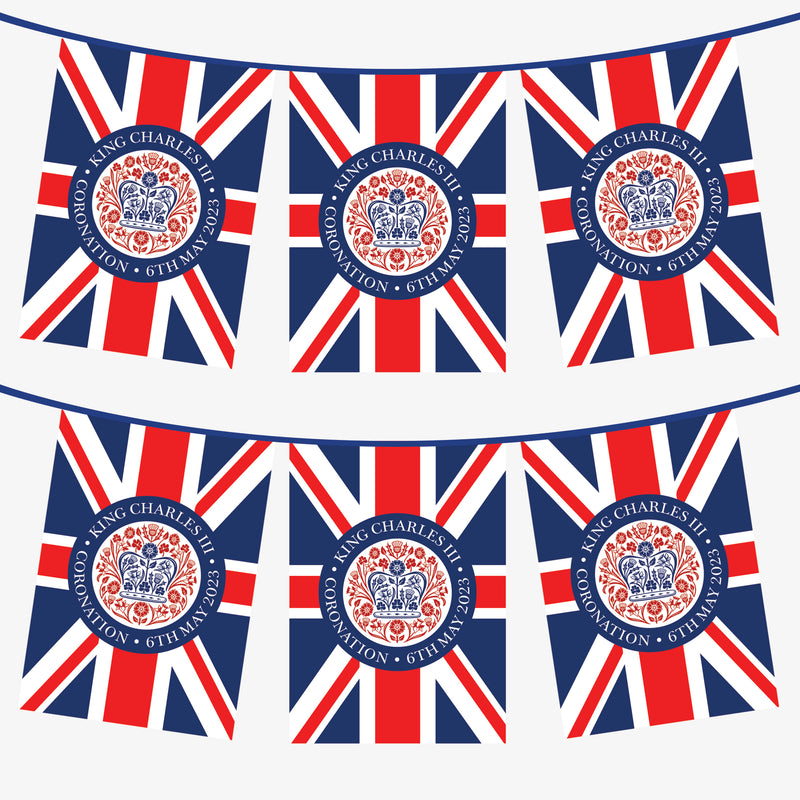 King Charles Coronation Bunting - Union Jack Official Logo Design Pennants - 3 Metres - 6 Metres