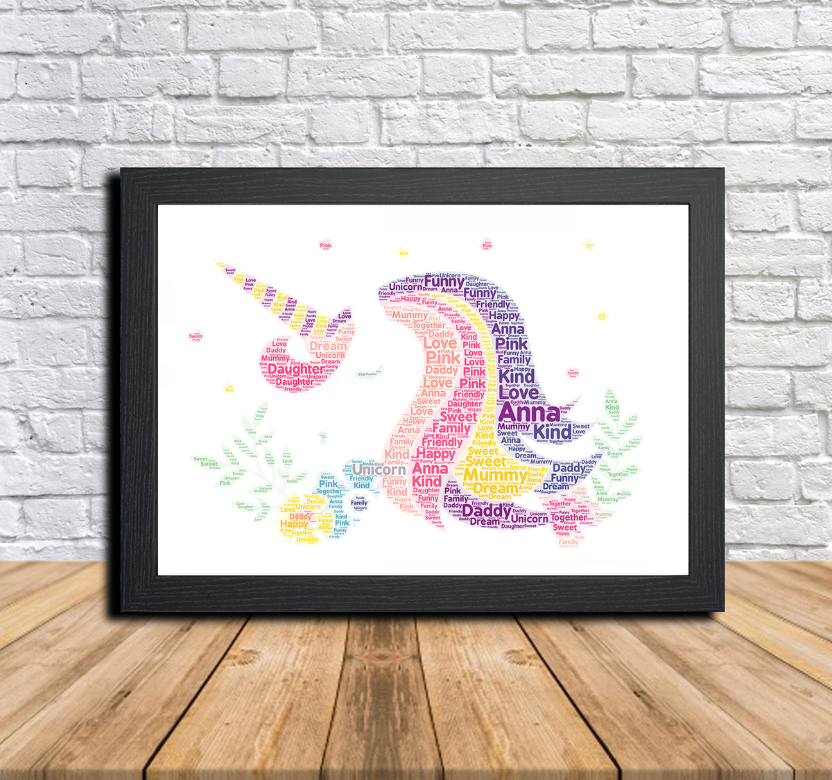 Personalised unicorn word art print in a black frame