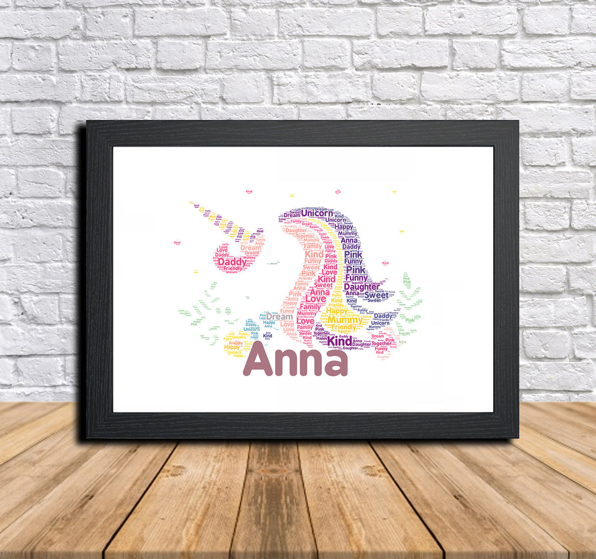 Personalised Unicorn 1 Word Art Poster Print – Personalised unicorn word art print in a black frame