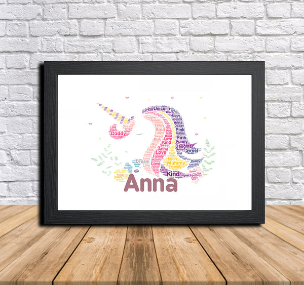 Personalised unicorn word art print in a black frame