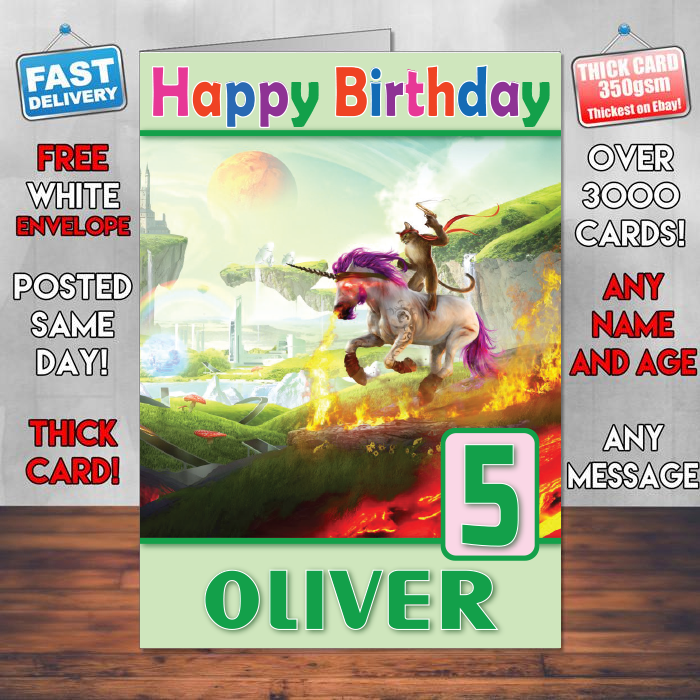 Personalised Unicorn Cat Inspired Style Game Kids Inspired Birthday Card (SA)