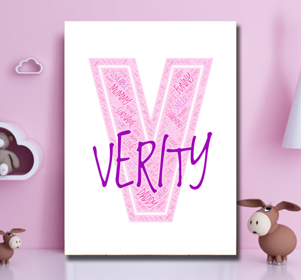 Personalised name word art print, pink letter V, print only