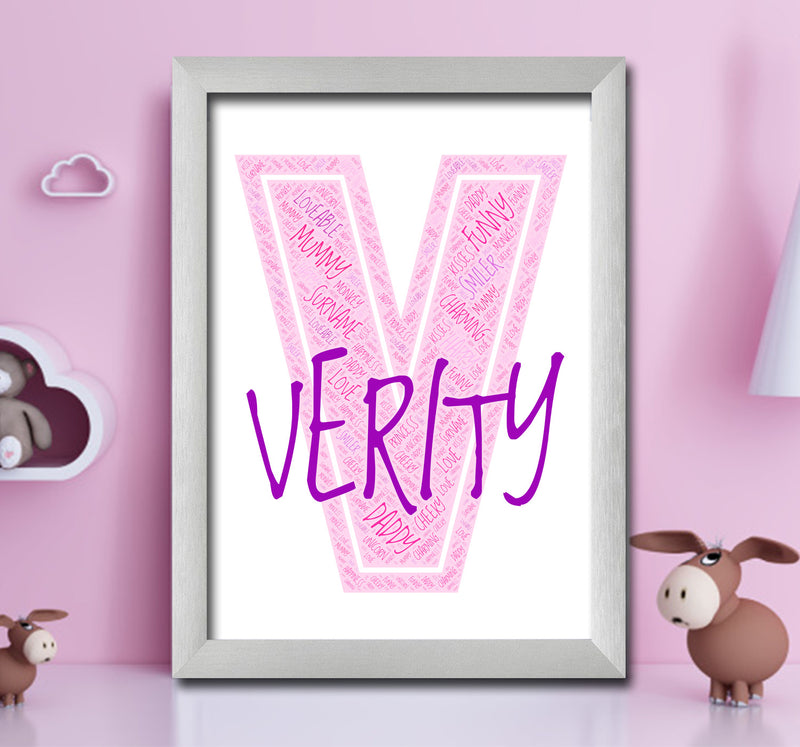 Personalised Name Word Art Poster Print Pink Letter V
